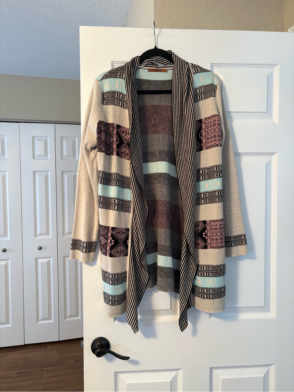 Belldini Beige Cardigan with Aqua & Mauve Aztec Stripes